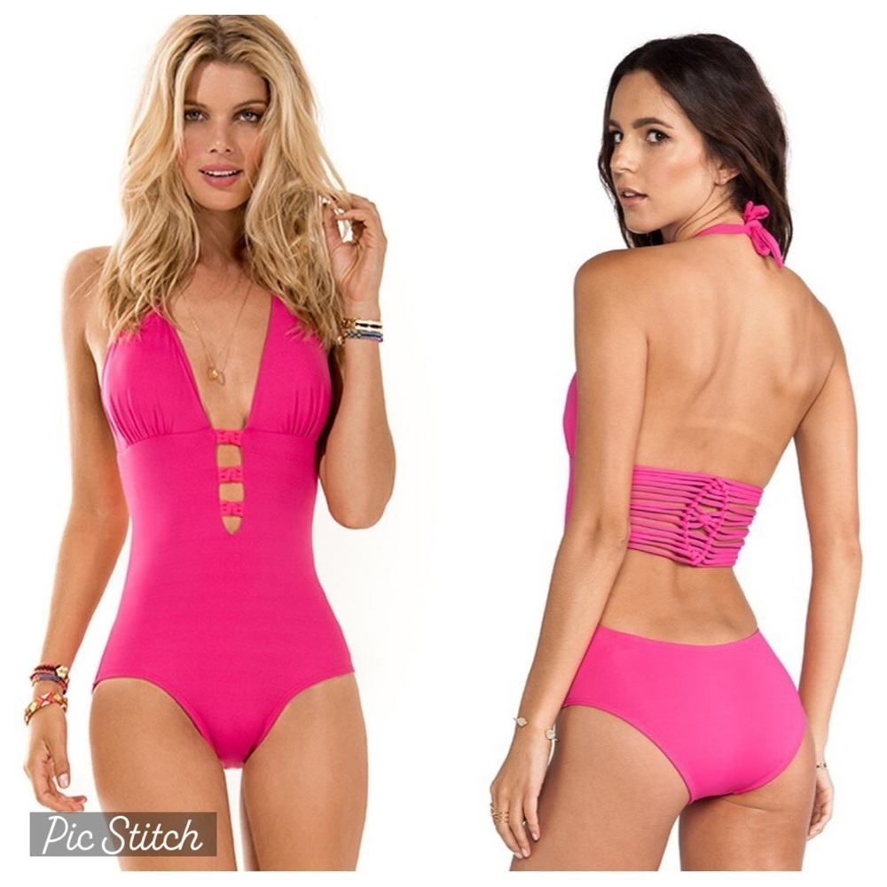 L*SPACE Portofino Barbiecore Hot Pink Macrame Halter One Piece Swimsuit Size 4
